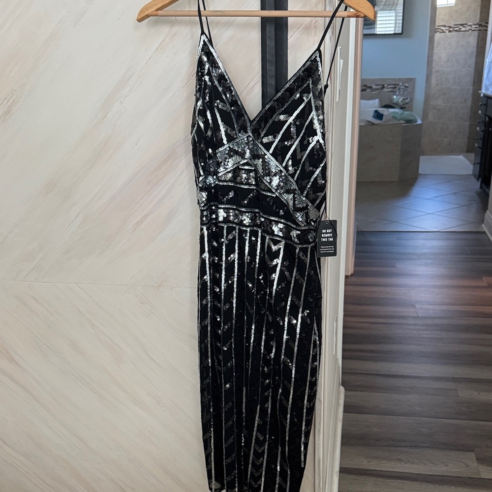 Express Black and Silver Sequin Striped Slip Dress